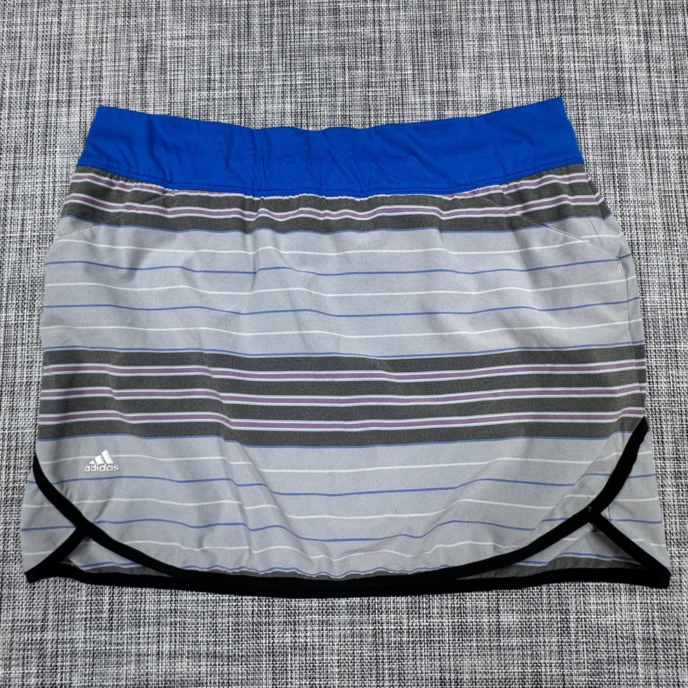 Adidas Golf Skort Womens Medium Gray Blue Striped Stretch Pull On Lined Shorts